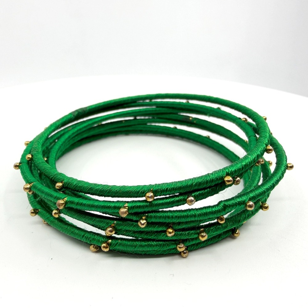 Emerald Green Silk Thread Bangle Set with Gold Tone Beads - Stackable